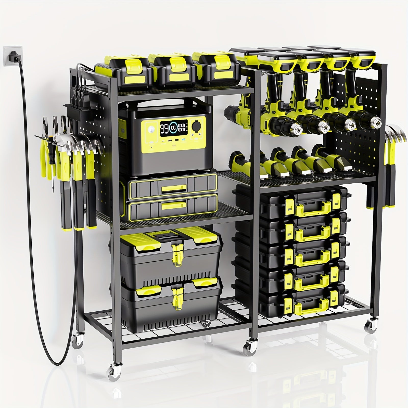 Mobile Tool Cart with Charging Station ¨C 12 Drill Holders & 5 Storage Shelves Power Tool Organizer | Rolling Utility Rack Toolbox with Battery Charging Power Strip for Garage & Workshop | 4 Colors