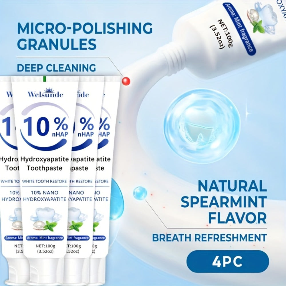 Hydroxyapatite Toothpaste 4-Pack ¨C 10% Nano Formula with Baking Soda, Deep Cleaning & Whitening Gel, Mint Fresh Breath, Fluoride-Free Daily Oral Care for Everyone, Home & Travel Sleek Tube Design (400g)