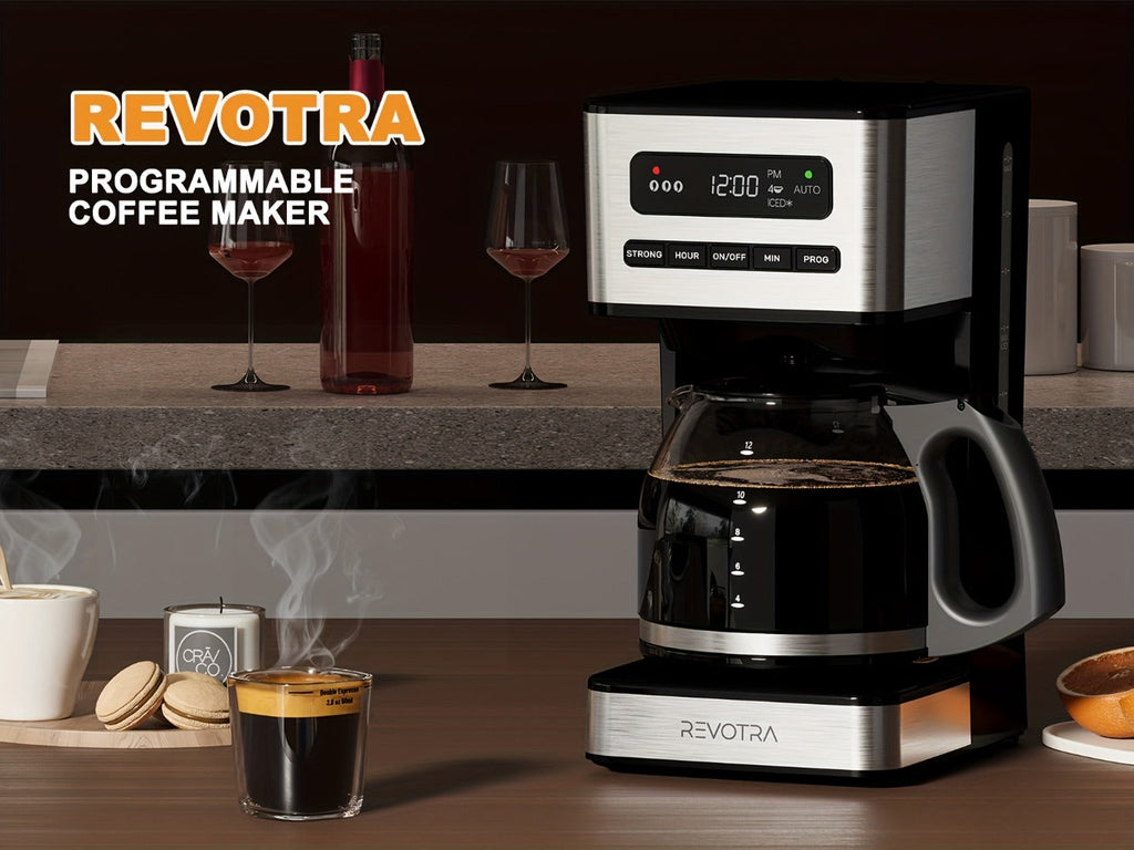 12-Cup Programmable Drip Coffee Maker, Regular & Strong Brew, Iced Coffee Setting, 1-4 Cup Mode, 24H Timer, Auto Shut-Off, Keep Warm, Pause & Serve, Black