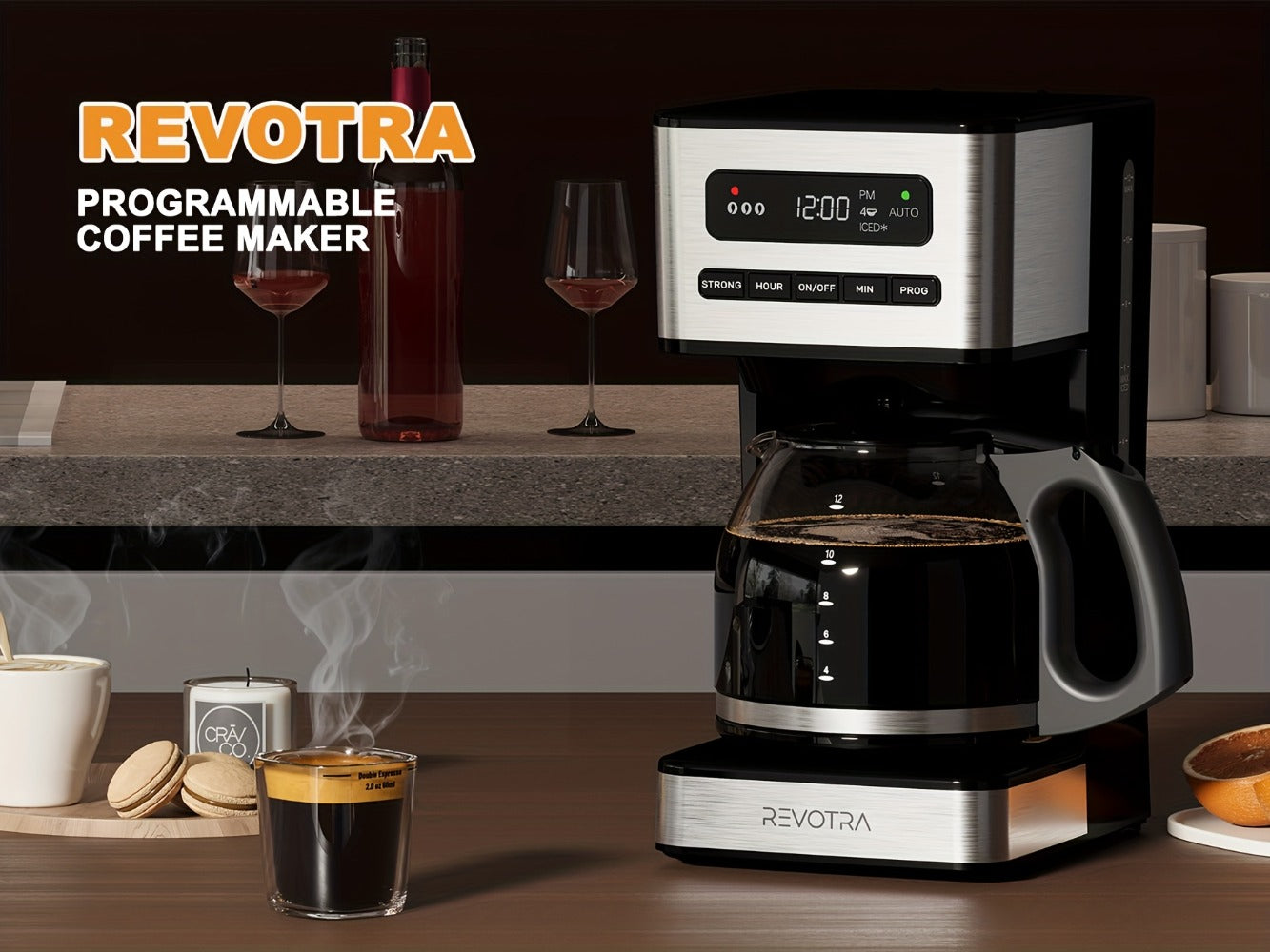 12-Cup Programmable Drip Coffee Maker, Regular & Strong Brew, Iced Coffee Setting, 1-4 Cup Mode, 24H Timer, Auto Shut-Off, Keep Warm, Pause & Serve, Black