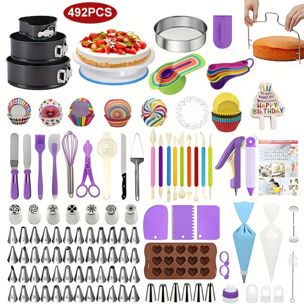 Piping Bags and Tips Set 492pcs Complete Cake Decorating Kit with Turntable Frosting Spatula Chocolate Mold Baking Tools for Beginners Professionals