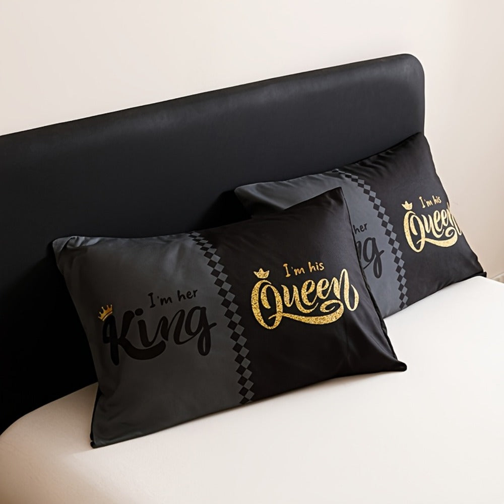 Comforter Set 3-Piece ¨C Soft Breathable Quilt with 2 Pillowcases, Black Grey Color Block Crown Letter Print, Twin Full Queen King, 180GSM Bedroom Bedding Set