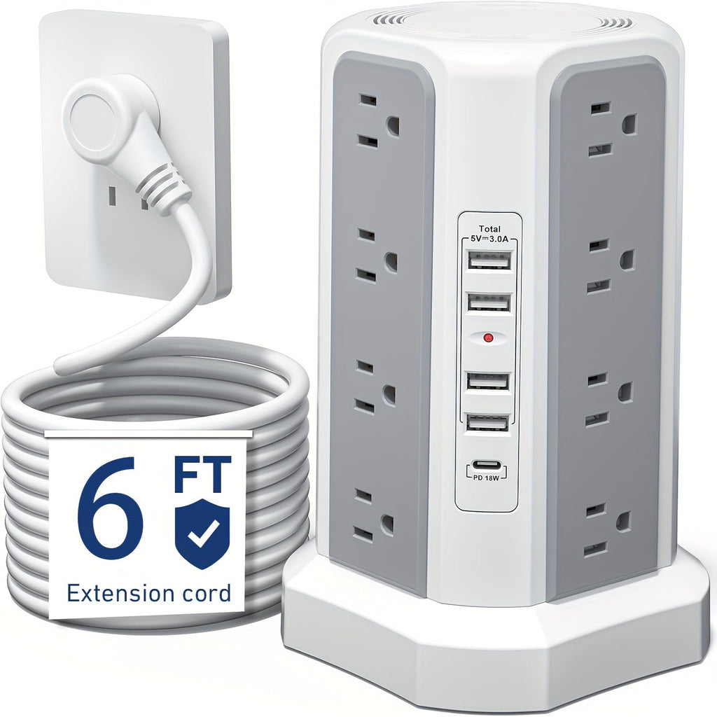 Power Strip Tower Surge Protector 16 AC Outlets 5 USB Ports PD20W USB-C Fast Charging Flat Plug Extension Cord 1500J Overload Protection Desktop Charging Station for Home Office Dorm