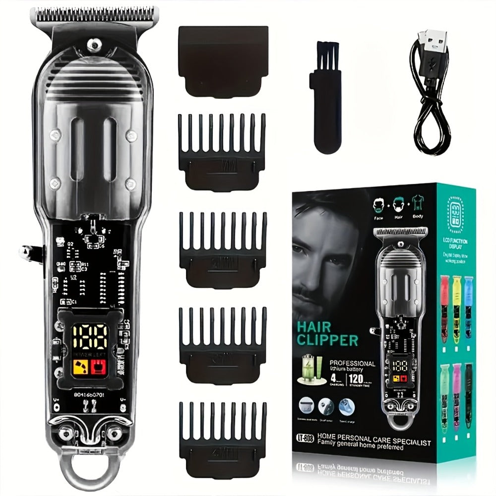 Professional Hair Cutting Kit for Men - Transparent USB Rechargeable Hair Clipper with LCD Display, T-Blade Trimmer, Electric Shaver, 4 Guide Combs & Cleaning Brush - Home Barber Grooming Gift Set