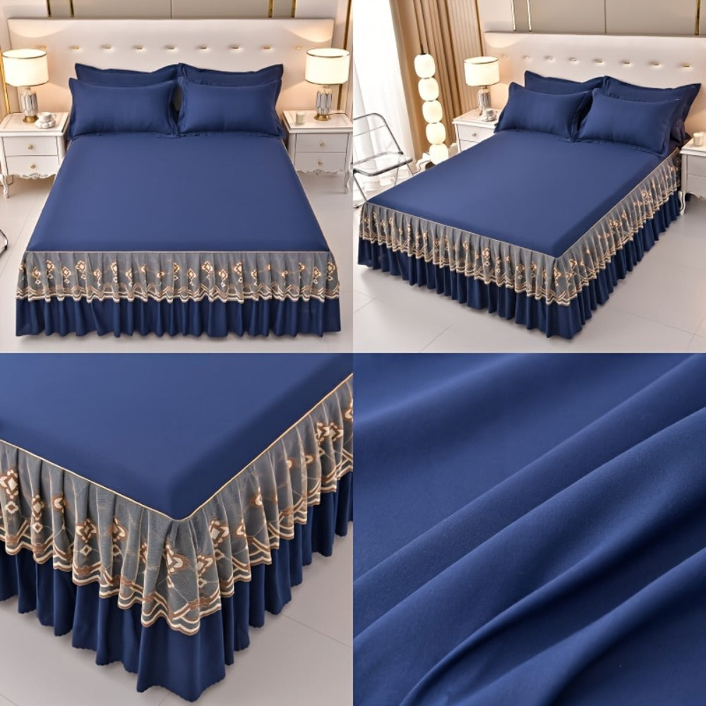Macrame Lace Bed Skirt Set 3pcs ¨C Double Layer Non-Slip Bed Skirt with 2 Pillowcases All Seasons Twin Full Queen King