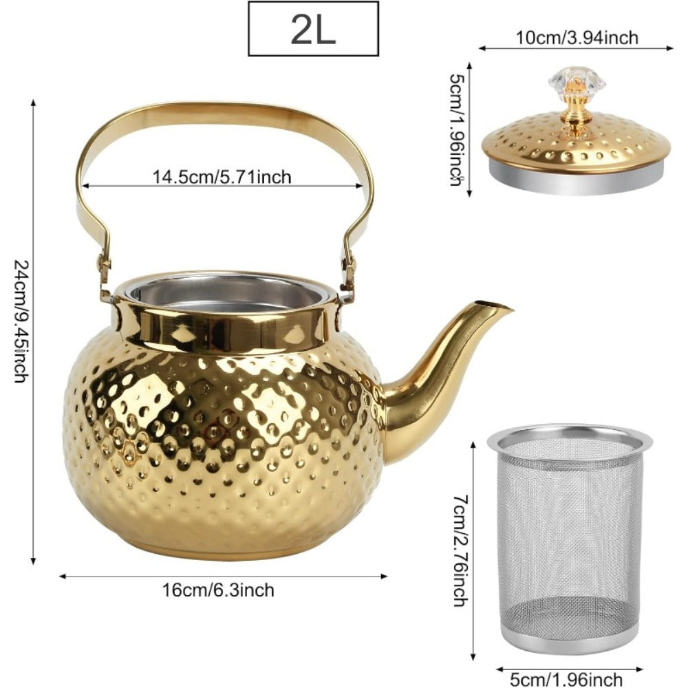 Hammered Tea Kettle Stainless Steel ¨C 40.58oz Stovetop Teapot with Strainer for Loose Leaf Tea, Coffee & Milk, Classic Hammered Design, Outdoor & Travel Friendly, Premium Tea Gift ¨C Gold, Silver