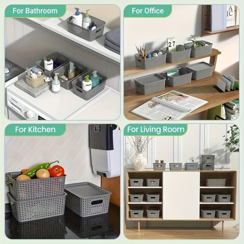 Storage Basket Set with Lids 8pcs ¨C Plastic Desktop Organizer Bins for Document Storage, Shelf Organization & Home Office ¨C Flip-Top Lid Baskets, White