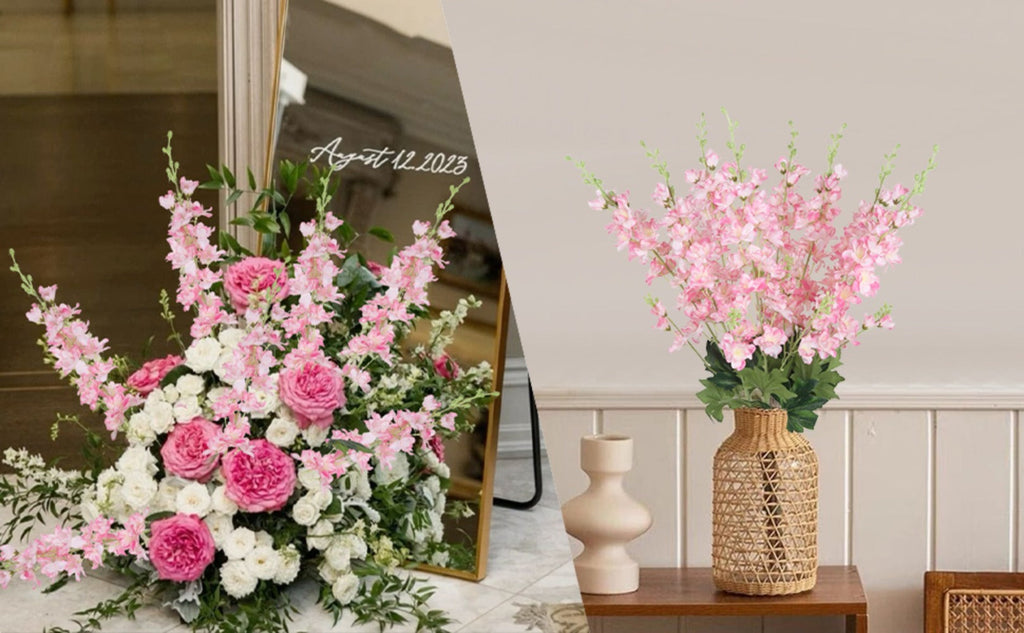 Artificial Delphinium Flowers 8pcs 33.5 Inch Faux Larkspur Stems for Wedding Centerpieces, Tall Silk Flower Bouquet for Home Vase Table Garden Decor
