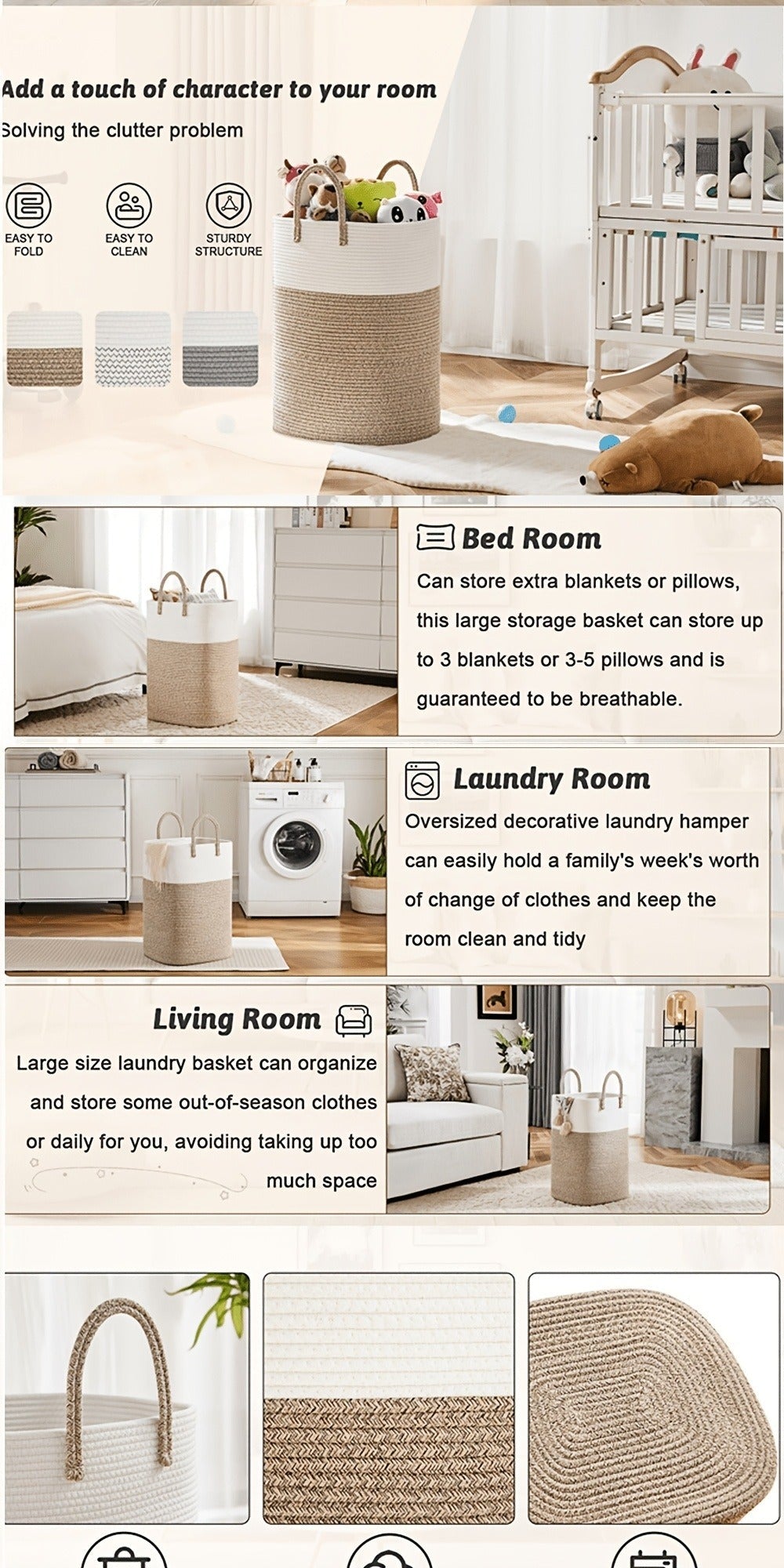 Woven Cotton Rope Laundry Basket Large Hamper with Handles for Bathroom Bedroom Living Room ¨C Jumbo Boho Storage Basket for Clothes Blankets Toys | 40L 60L 80L 100L