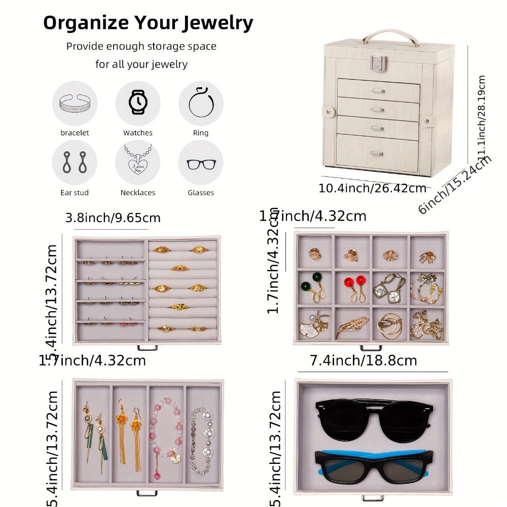 Large Jewelry Box 5-Tier PU Leather Organizer with Lock & Mirror ¨C Storage Case for Bracelets, Earrings, Rings & Necklaces