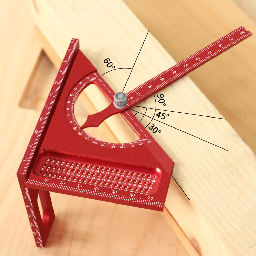 Adjustable 3D Carpentry Square Set 180¡ã Rotating Aluminum Alloy Triangle Ruler T-Square with Scribing Holes Red Black Markings Woodworking Measurement Tool