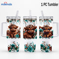 Highland Cow Insulated Tumbler Mug 40oz 16oz | Stainless Steel Vacuum Insulated | 24H Cold 12H Hot | Floral Teal Design | Gift
