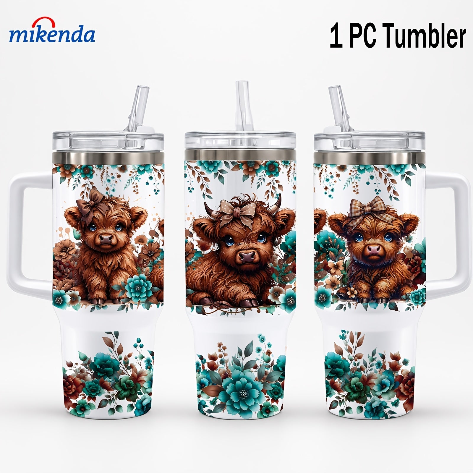 Highland Cow Insulated Tumbler Mug 40oz 16oz | Stainless Steel Vacuum Insulated | 24H Cold 12H Hot | Floral Teal Design | Gift