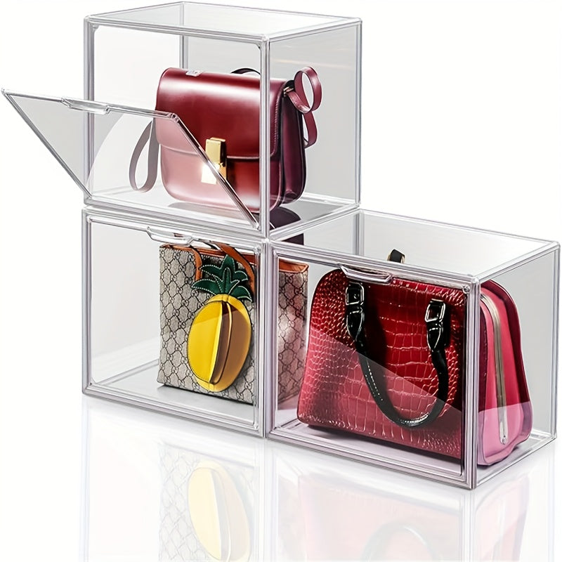 Clear Purse Organizer for Closet ¨C Transparent Acrylic Handbag Display Case with Magnetic Door, Dustproof Stackable Storage Box for Purses, Bags, Collectibles & Cosmetics, Set of 3