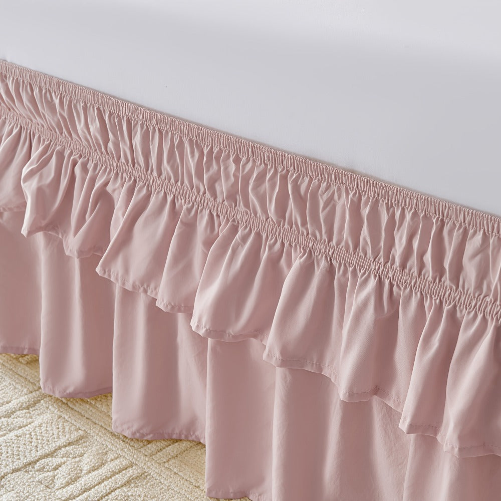 Double Ruffle Bed Skirt 16¡± Drop | Elastic Wrap Around Dust Ruffle for Twin Full Queen King Bed | Easy Install Machine Washable Soft Linen Poly Blend Bedskirt