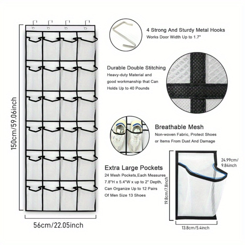 Over Door Shoe Organizer 24 Large Mesh Pockets ¨C Foldable Breathable Hanging Storage Rack, Durable Fabric Closet Hanger for Shoes & Accessories, Space-Saving Door Organization