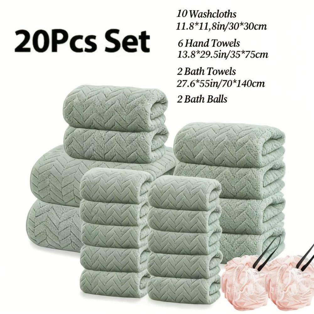 Microfiber Bath Towel Set 18/20pcs - Coral Fleece Absorbent Quick Dry Soft Large Bath Towels for Home Bathroom Spa Gift with Washcloths Bath Ball