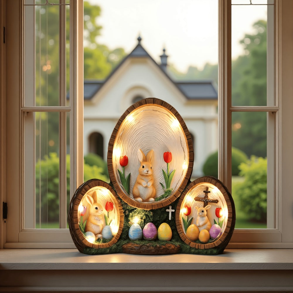 Handmade Resin Easter Egg Ornament - Painted Tulip Rabbit & Cross Decoration | Glowing Home Decor Accent for Easter, Valentine's Day & Spring Celebrations | High-End Resin Craft Holiday Gift