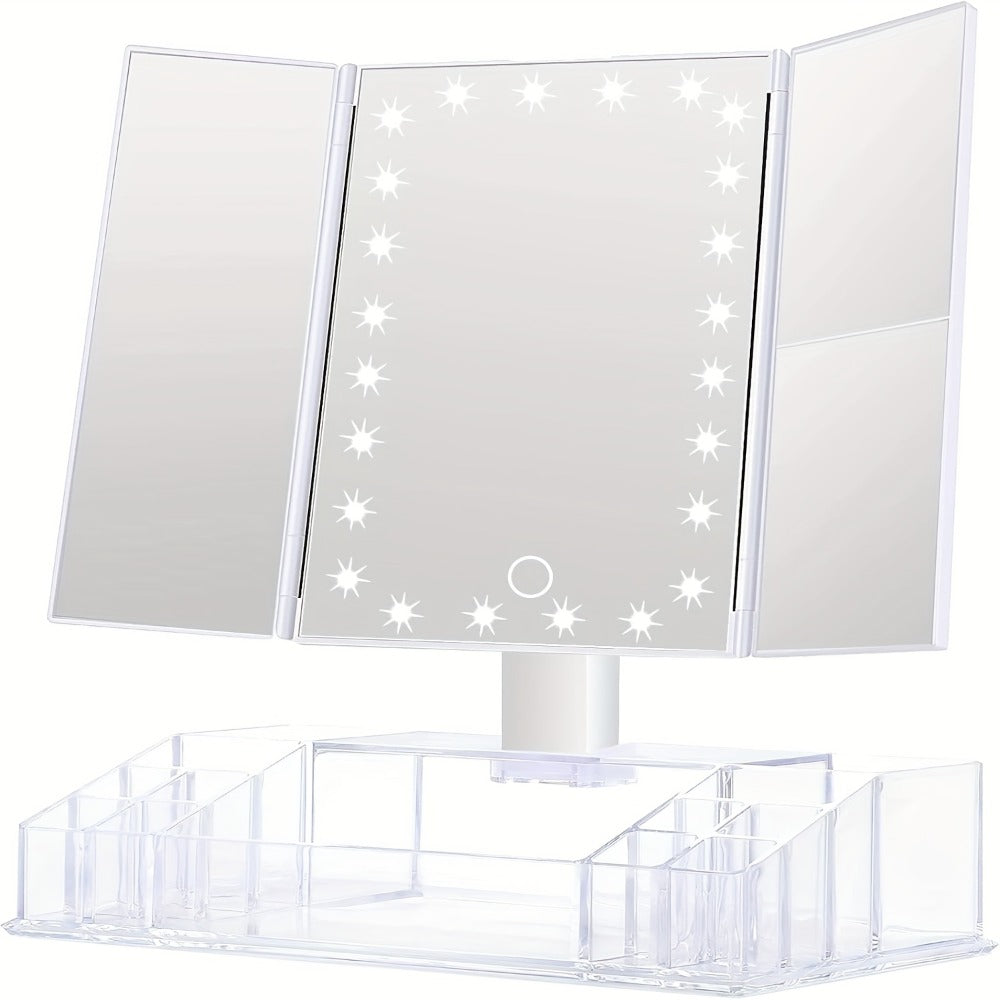 Lighted Makeup Mirror with Storage ¨C Tri-Fold Vanity Mirror 24 LED Lights, Touch Screen, 3X/2X/1X Magnification, 180¡ã Rotation, Dual Power Supply, White & Rose Gold