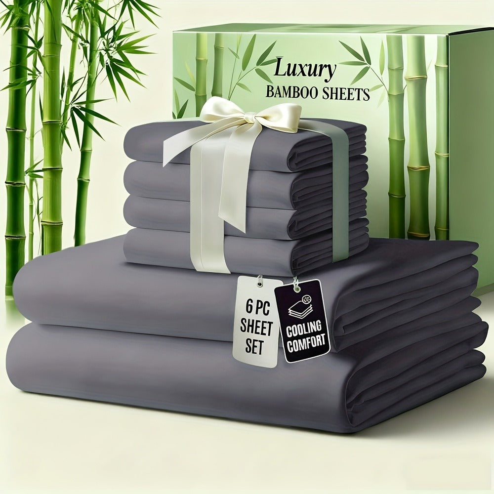 Bamboo Bed Sheet Set 6-Piece Cooling Soft Bedding with Deep Pocket Fitted Sheet - Viscose Derived from Bamboo Sheets Twin Full Queen King Size Breathable Wrinkle-Resistant Luxury Bedding Set