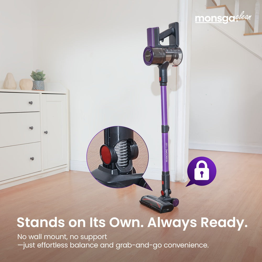 Cordless Vacuum Cleaner 46KPA Powerful Suction Lightweight Detachable Battery Anti-Tangle V-Shaped Brush 6-Stage Filtration 1.8L Dust Cup for Hard Floor Carpet Pet Hair Home