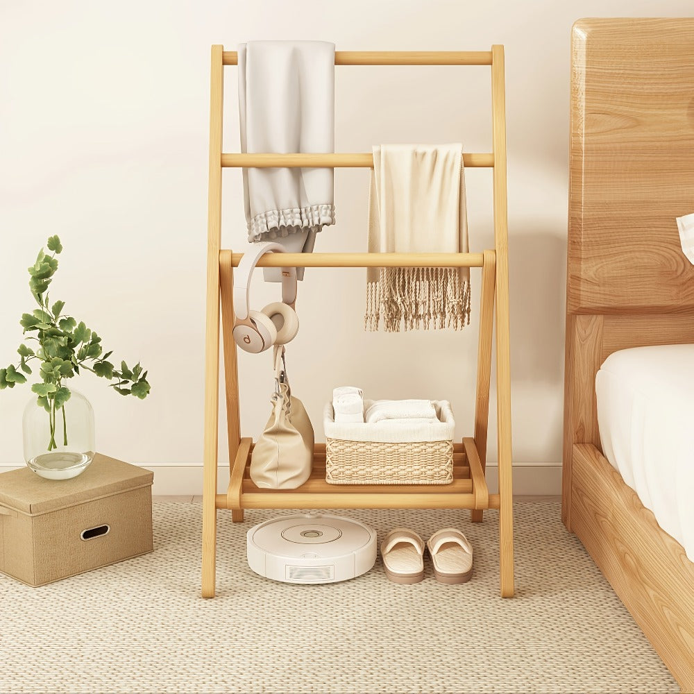 Bamboo Drying Rack 3 Tier Foldable with Storage Box - Space Saving Freestanding Clothes Hanger for Apartment, Bedroom, Bathroom & Balcony, Compact Laundry Rack for Small Spaces | Natural Burlywood
