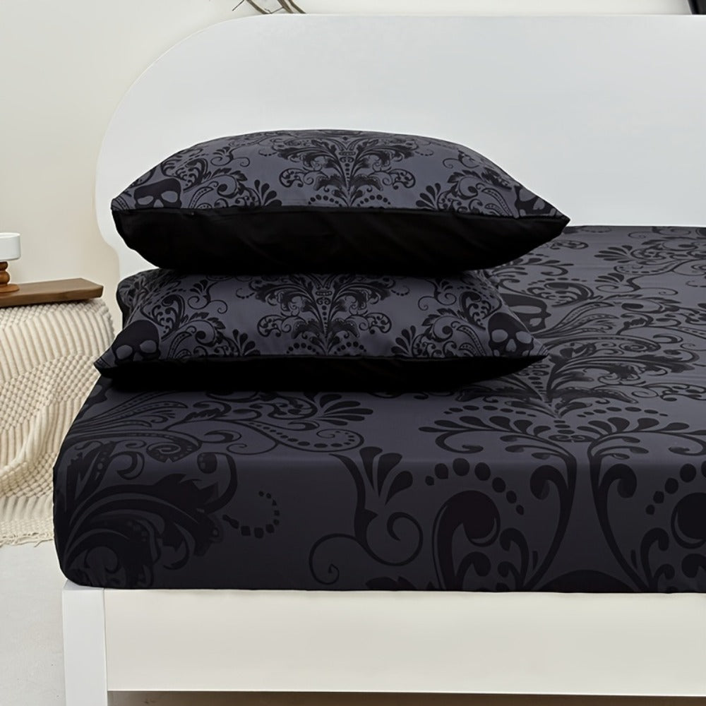 Gothic Skull Fitted Sheet Set 3-Piece ¨C Victorian Baroque Halloween Bedding | 1 Deep Pocket Fitted Sheet + 2 Pillowcases | Machine Washable Hypoallergenic Polyester | Twin Full Queen King