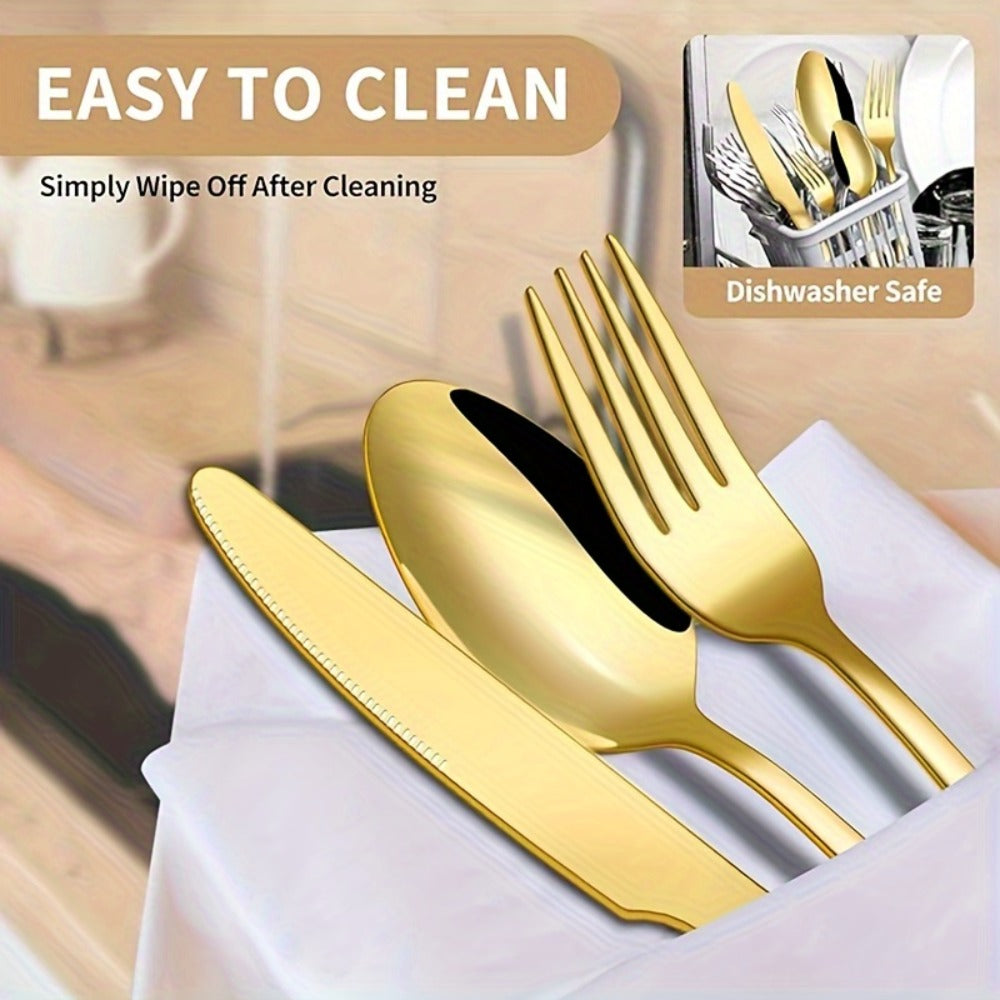 30pcs Golden Stainless Steel Flatware Set for 6 People Mirror Polish Knives Forks Spoons Silverware with Wooden Gift Box for Wedding Celebration Banquet Business Gift