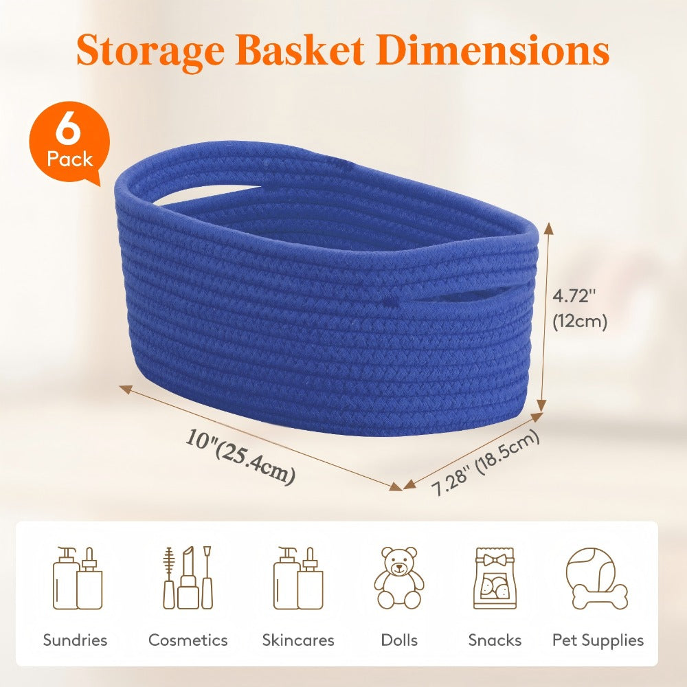 Woven Storage Baskets 6-Pack Cotton Rope Cube Bins 11x7x5¡± | Handmade Small Shelf Baskets for Organizing Closet Bedroom Living Room Playroom | Round Decorative Storage Caddy Multiple Colors