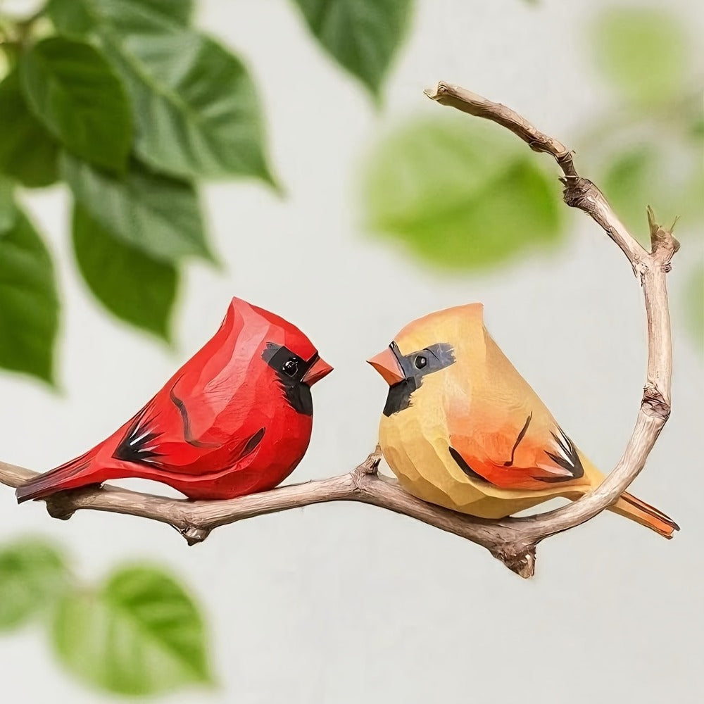 Cardinal Bird Statues Handmade Wood Carving 2pcs - Painted Decorative Bird Figurines for Home Decor Shelf Garden - Best Gift for Bird Lovers Birthday Christmas Family Friends