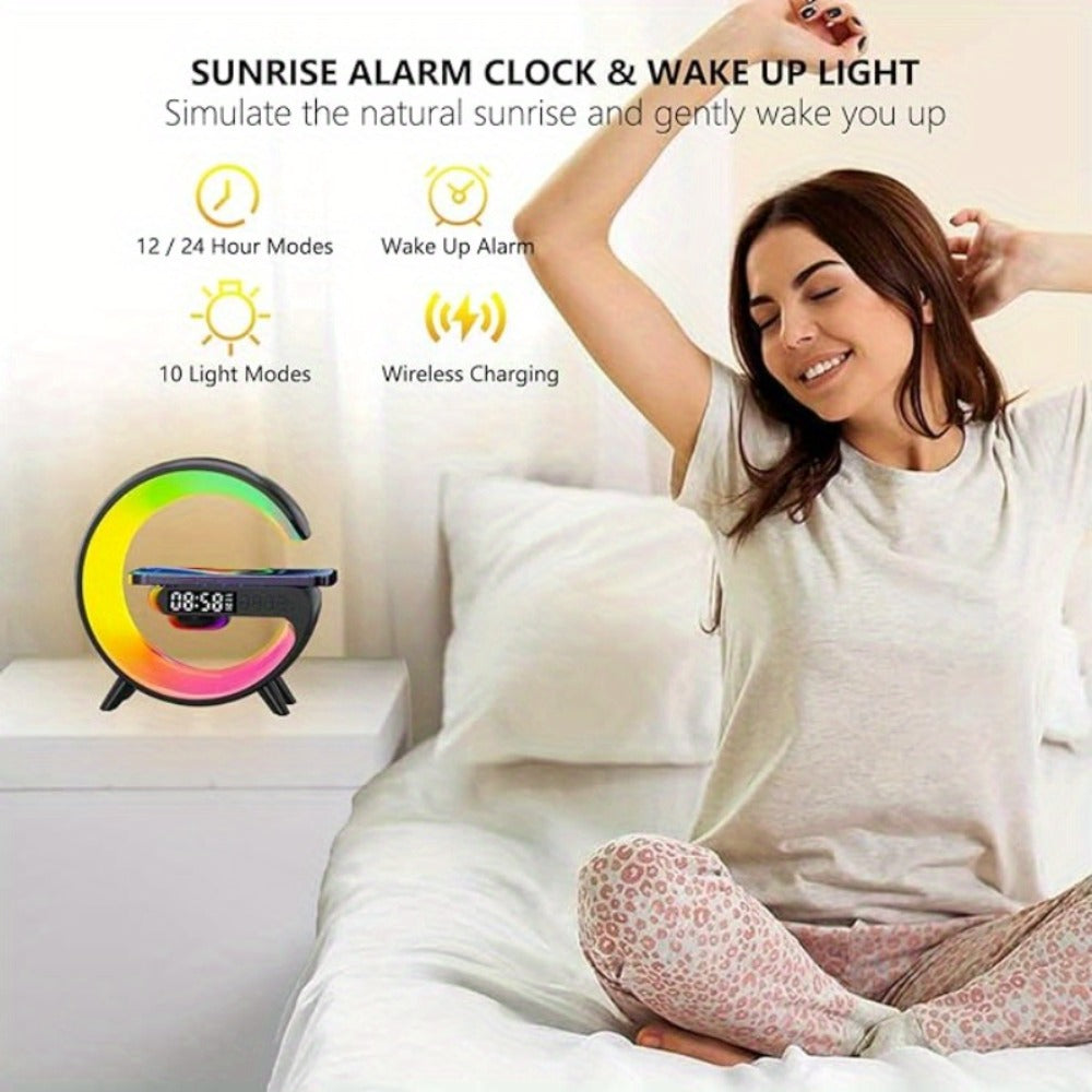 Wireless Charger with RGB Night Light ¨C 4-in-1 Bluetooth Speaker Alarm Clock Wake Up Light, 256 RGB Colors, Qi Fast Charging for iPhone Samsung, Bedside Nightstand Lamp
