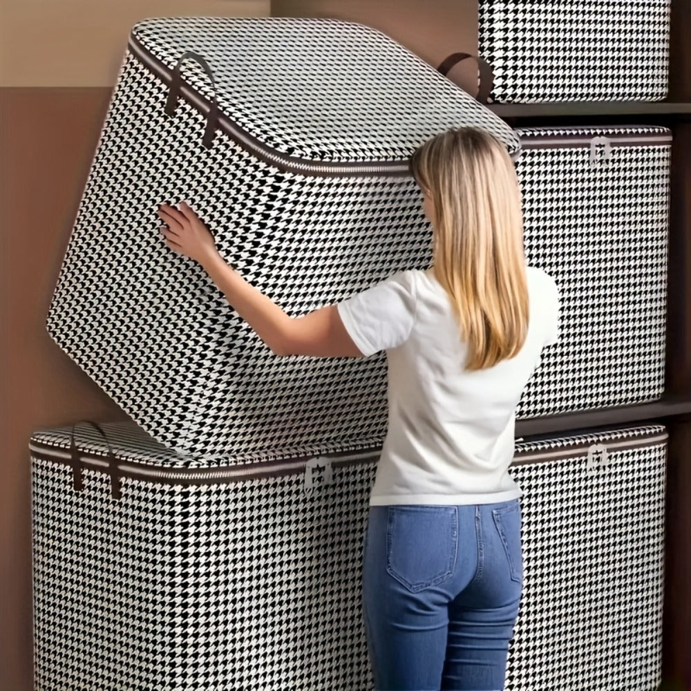 Large Storage Bags Houndstooth Non-Woven Fabric Organizer with Double Zipper & Handles ¨C 160L/180L Dustproof Foldable Storage Box for Bedroom, Closet, Moving, Travel & Dorm, 1pc or 3pcs Set