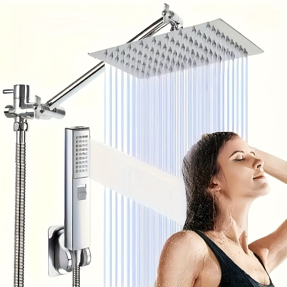 High Pressure Rainfall Shower Head Handheld Combo 4-Spray Modes 10 12 Inch Adjustable Extension Arm 78-Inch Hose Adhesive Holder Wall Mount Chrome Black Bathroom