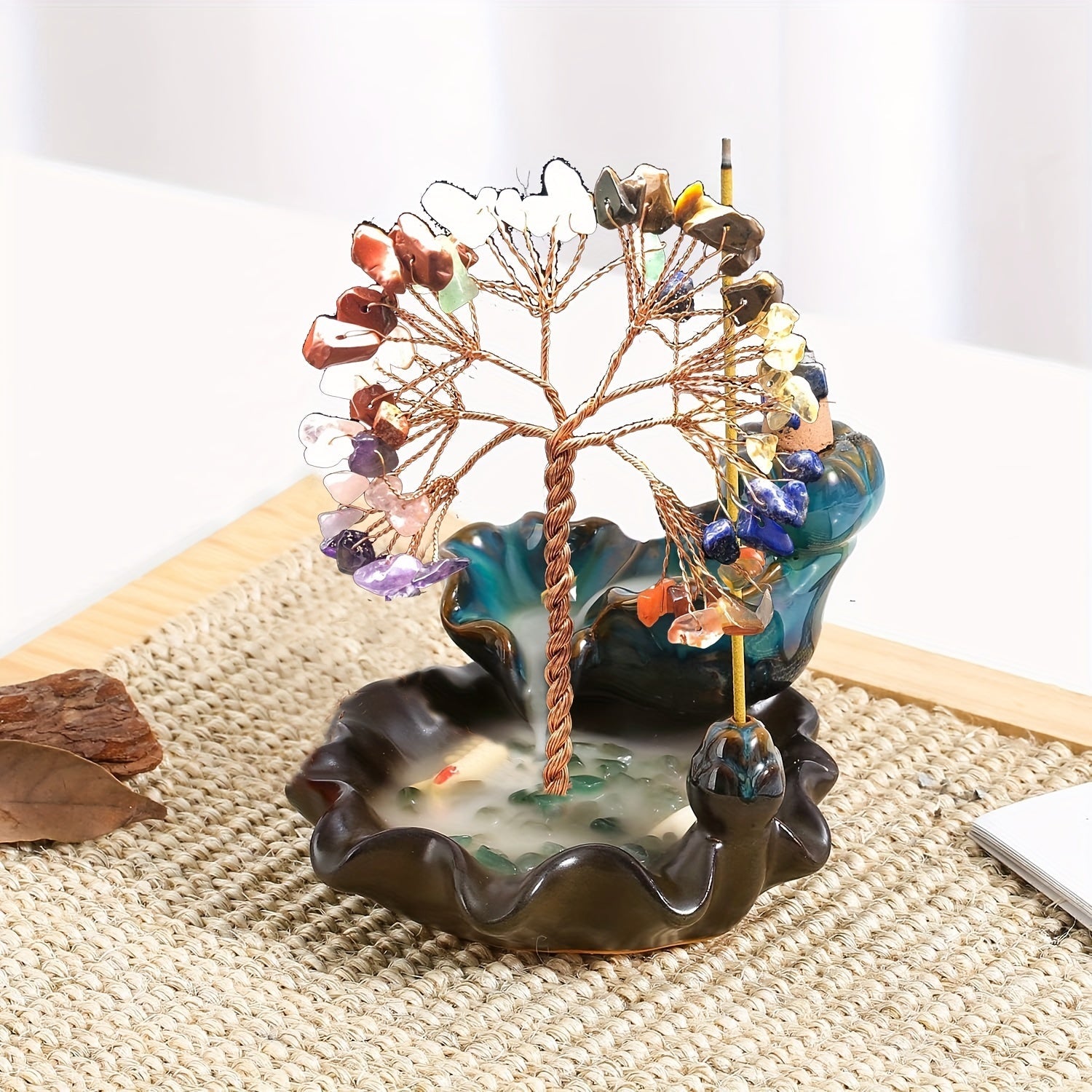 Backflow Incense Burner Crystal Money Tree Waterfall Smoke Incense Holder Ceramic Cone Stick Burner for Yoga Meditation Home Decor Altar Decoration