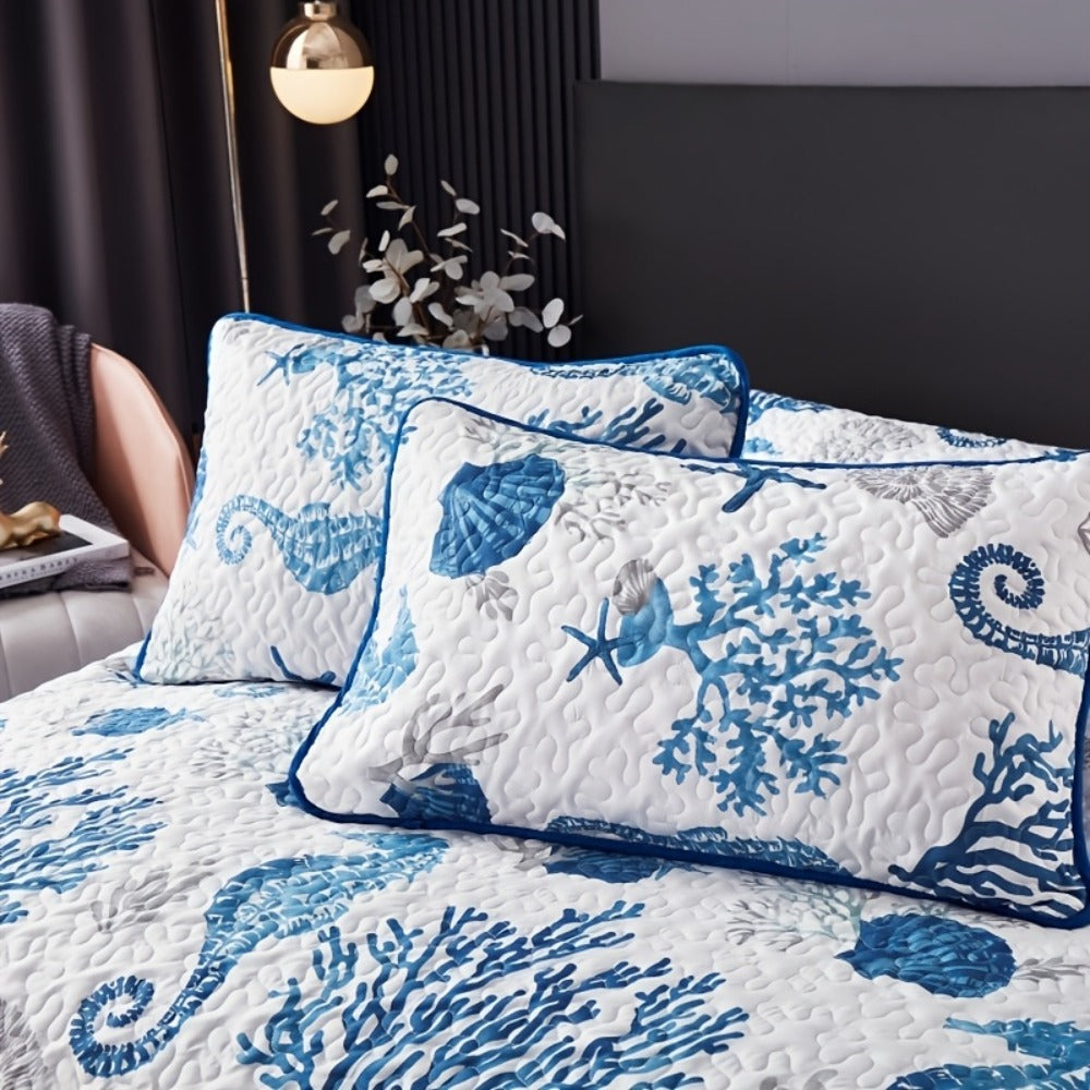 Duvet Cover Set 3 Piece Ocean Style Seahorse Coral Pattern Soft Breathable Microfiber Bedding Set with 2 Pillowcases Machine Washable All Season Comforter Cover for Bedroom Dorm Twin Full Queen King