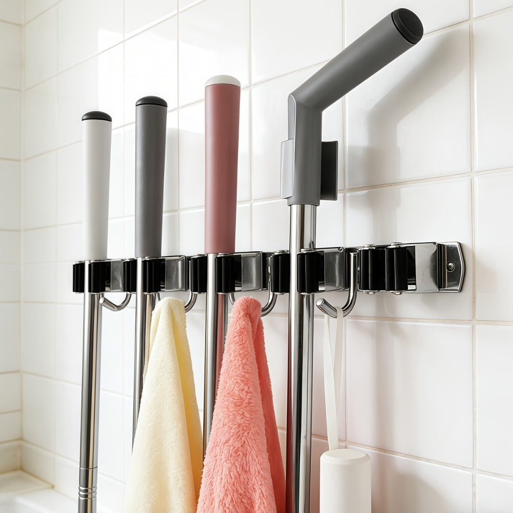 Mop and Broom Holder Wall Mount ¨C Stainless Steel Heavy Duty Self Adhesive Rack with 5 Slots & 4 Hooks, No-Drill Storage Organizer for Kitchen Garage Laundry Garden Home