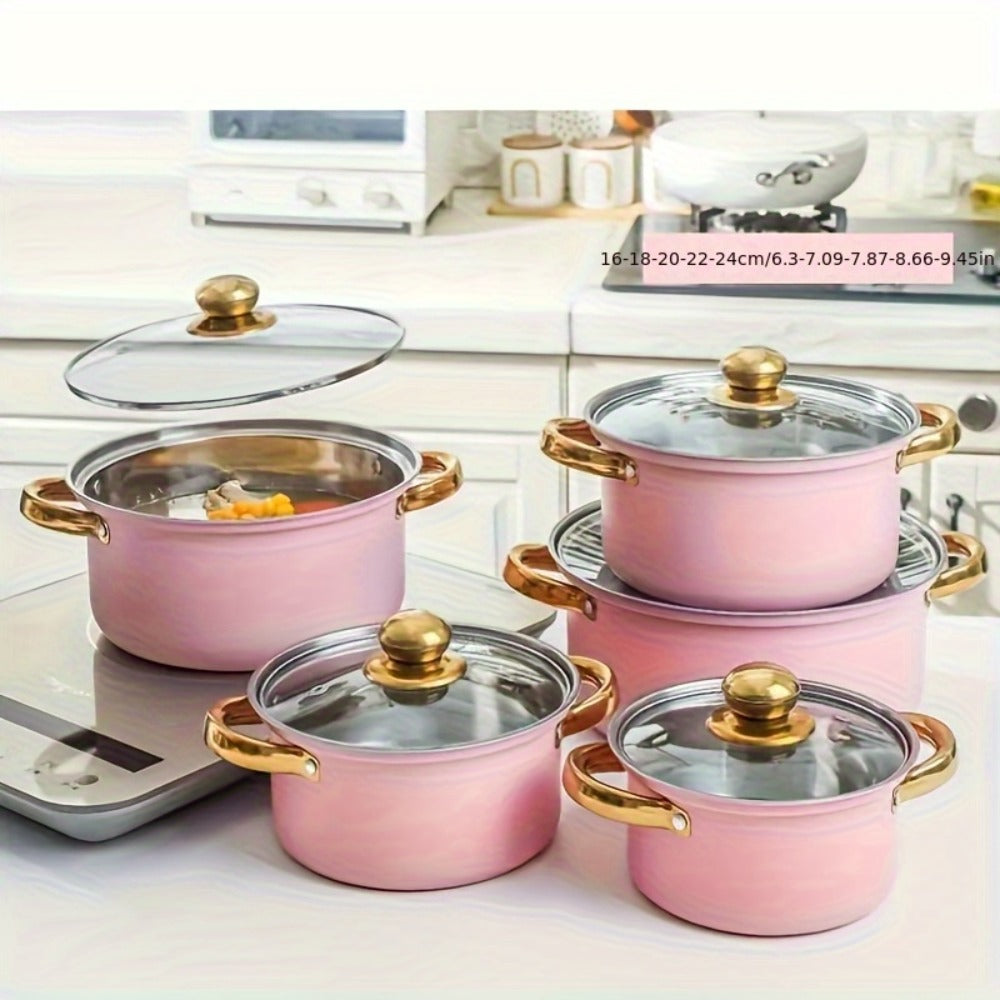 304 Stainless Steel Cookware Set with Golden Handles, 1/10/15pcs Deep Thick Soup Pot & Pan Set for Induction & Gas Stoves, Outdoor Camping & Kitchen Cooking, Pink, Silver & Orange