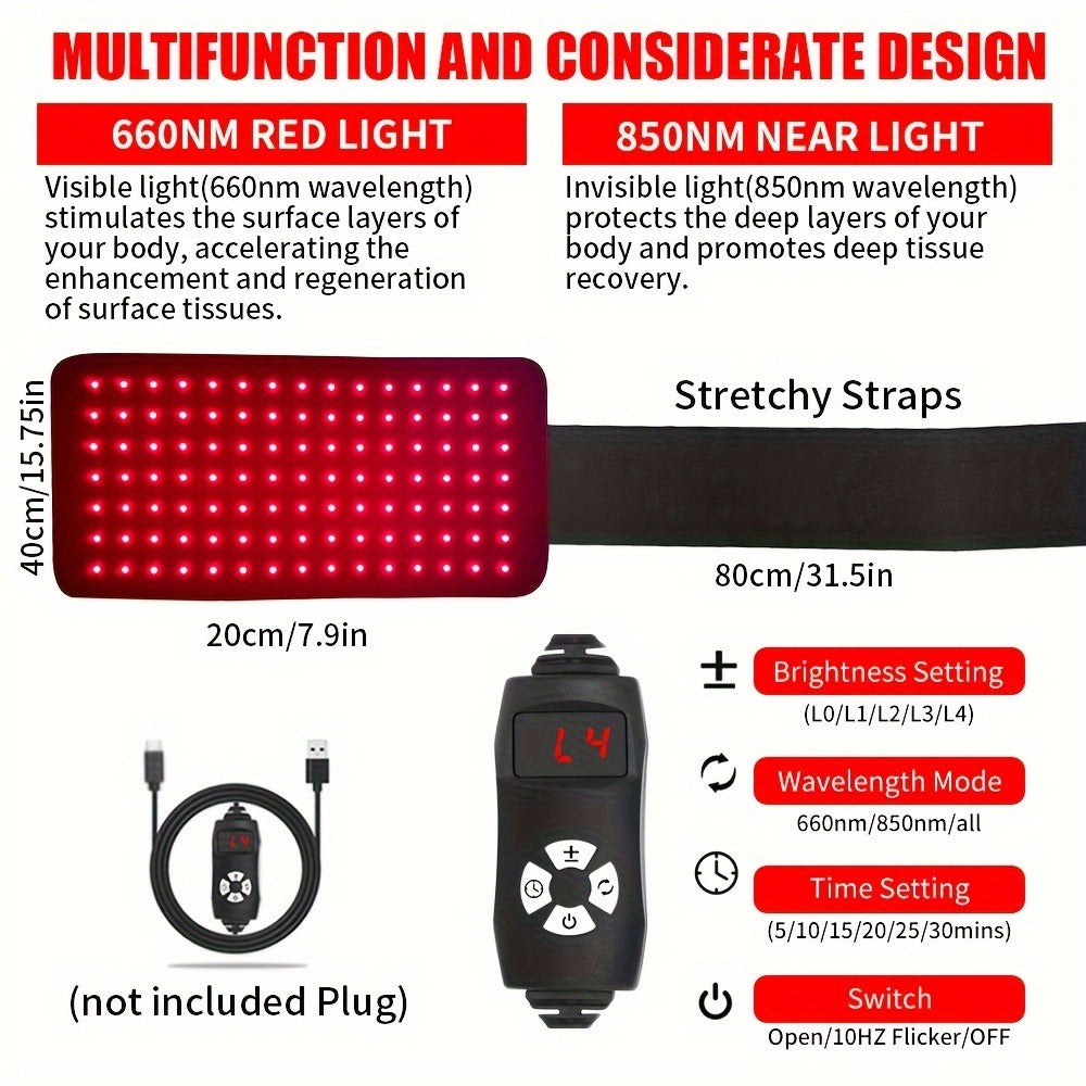 Red Light Therapy Belt 660nm 850nm Near Infrared Wrap Device for Pain Relief Muscle Recovery Arm Wrist Knee Ankle Elbow Joint Therapy Wearable LED Pad