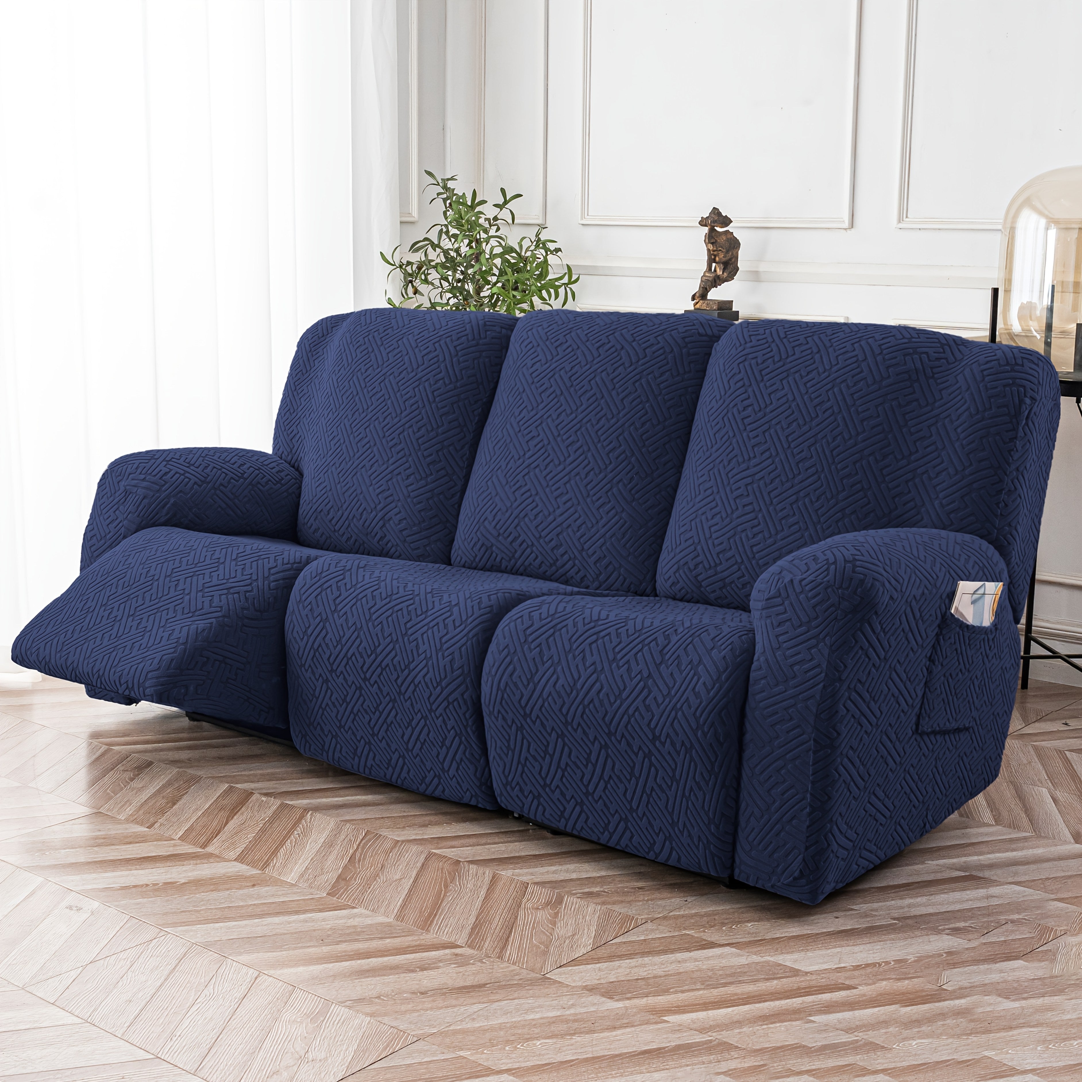 Recliner Sofa Slipcover Set 8pcs 3-Seat Jacquard Furniture Protector with Pocket Flexible Soft Slide Sleeve Cover for Sofa Couch Office Living Room Home Decor Multiple Colors