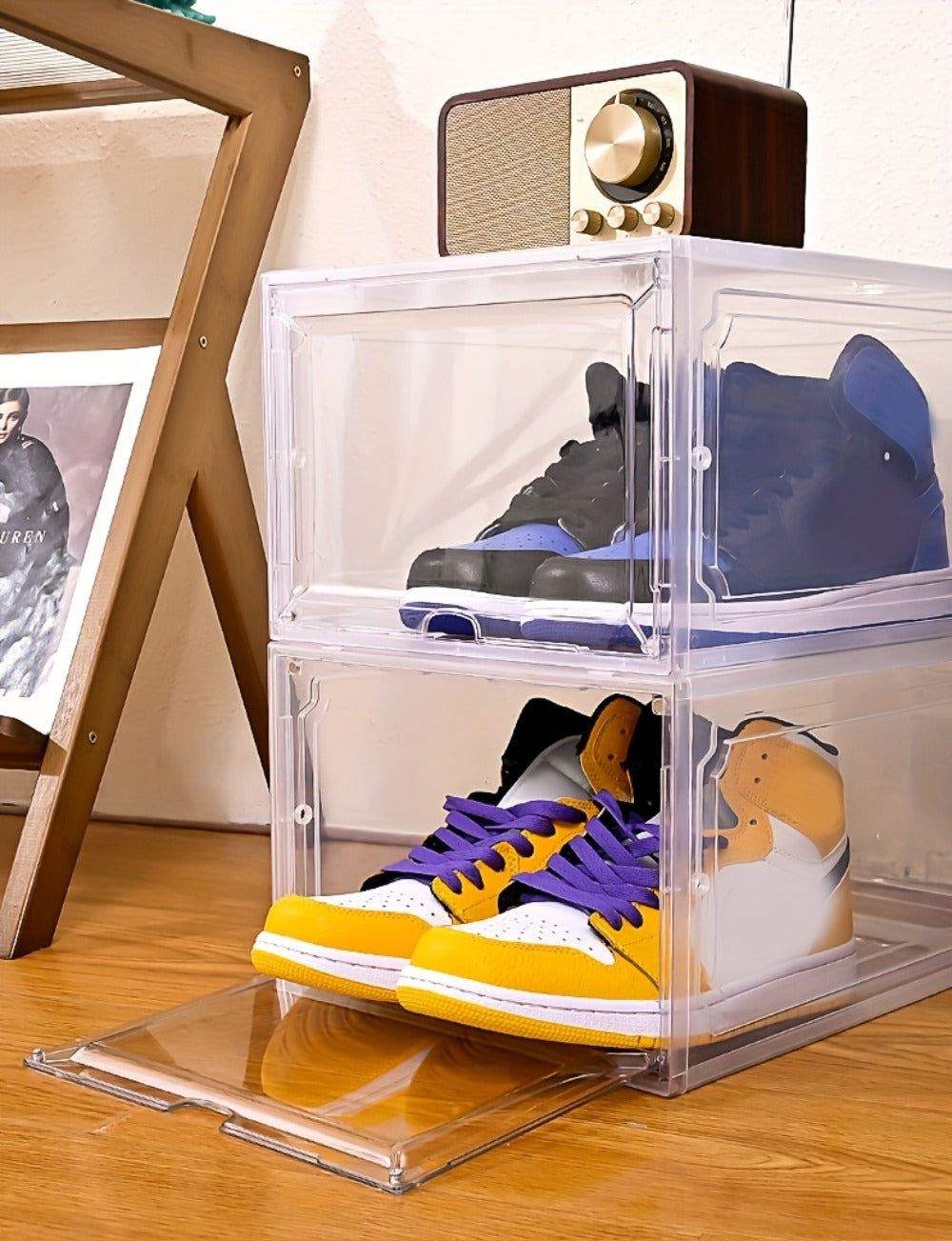 Clear Stackable Shoe Storage Boxes 6/12 Pack XX Large Hard Plastic Organizer for Size 12 Sneakers Closet White