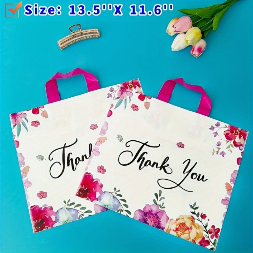 Thank You Gift Bags 50pcs Plastic Flower Print Handle Bags Reusable Shopping Tote for Party Birthday Wedding Halloween Christmas