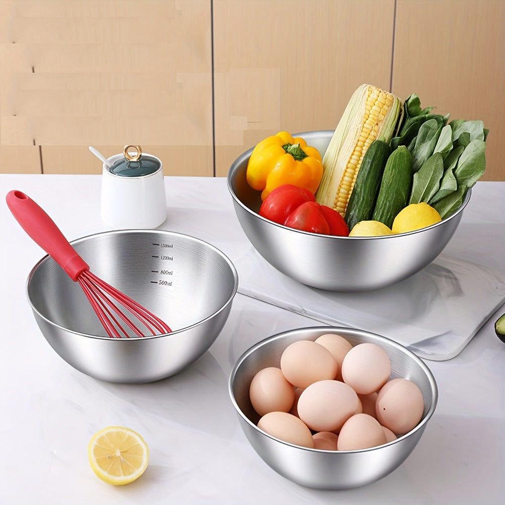 Stainless Steel Mixing Bowl Set 3-Piece with Measuring Marks ¨C Small Medium Large Nesting Bowls for Cooking, Baking & Food Prep, Durable 304 Stainless Steel Salad Bowl Set for Kitchen & Restaurant