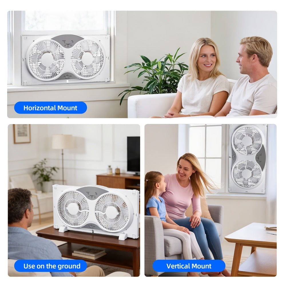 Window Fan 9 Inch Twin Expandable Dual Fan, 3-Speed with Remote Control or Manual Control, Reversible Airflow Indoor Window Fan for Bedroom, Living Room, Kitchen and Office