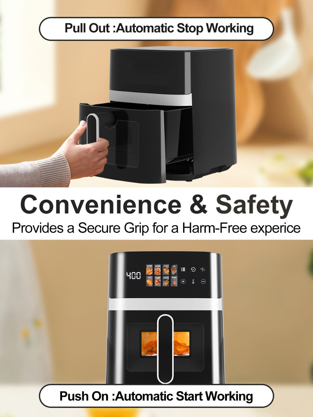 Air Fryer 6QT Multi Function LED Digital Touchscreen Visible Window Oil Free Non-Stick Basket Warm Broil Toast Bake Air Fry Easy Clean Countertop Healthy Cooking Black