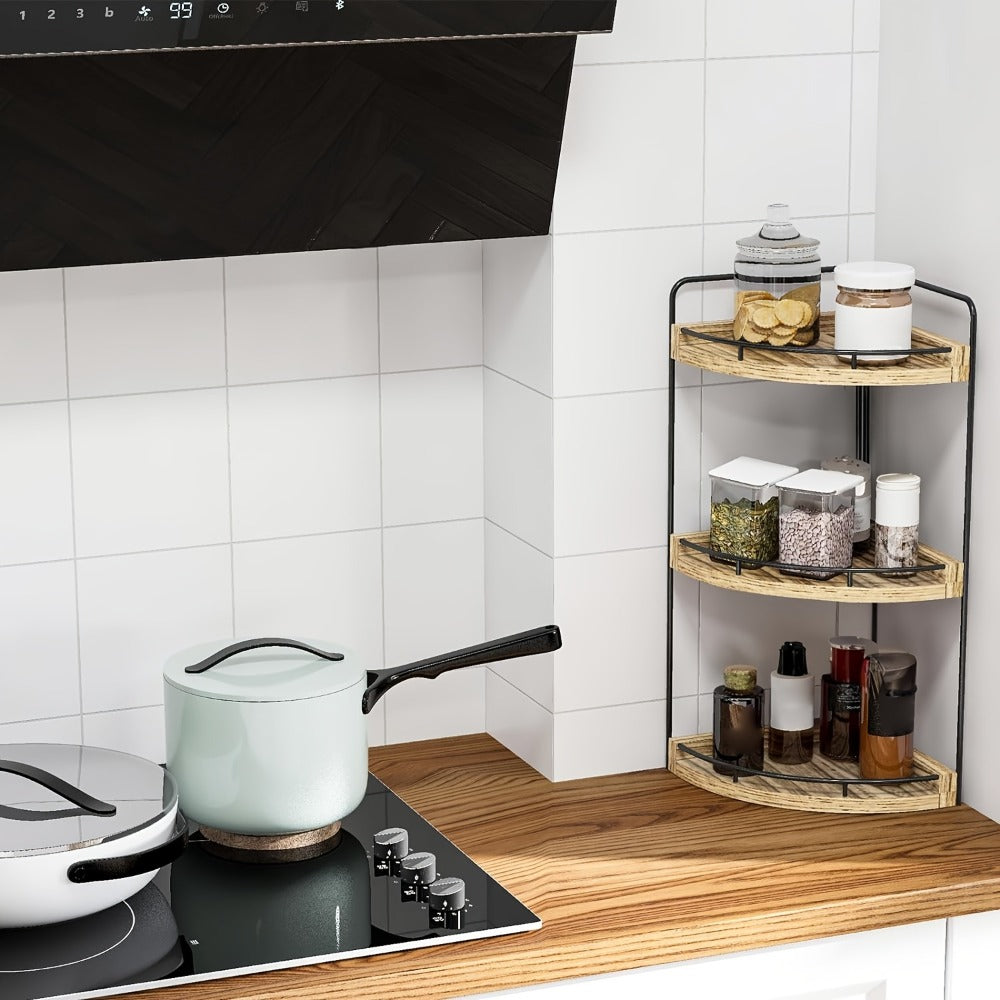 3-Layer Rustic Corner Countertop Storage Rack ¨C 16.93¡± Wooden Vanity Organizer & Space-Saving Shelf for Bathroom, Kitchen & Bedroom ¨C Farmhouse Corner Shelf for Countertop Display & Organization