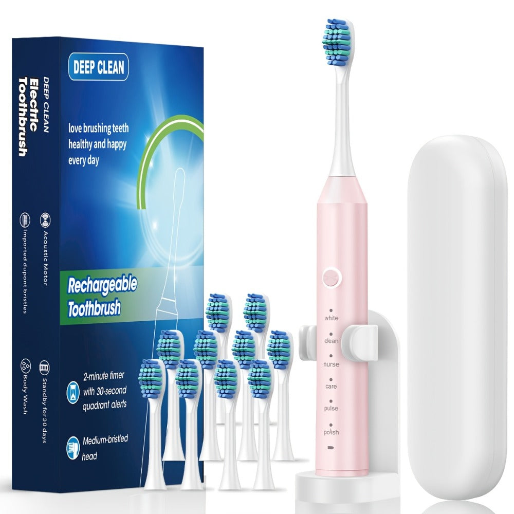 Rechargeable Toothbrush ¨C 6 Cleaning Modes, 500mAh Lithium Battery, USB Charging, Soft Bristles, 4 or 8 Brush Heads, Black White Pink Electric Toothbrush for Adults Deep Clean & Whitening