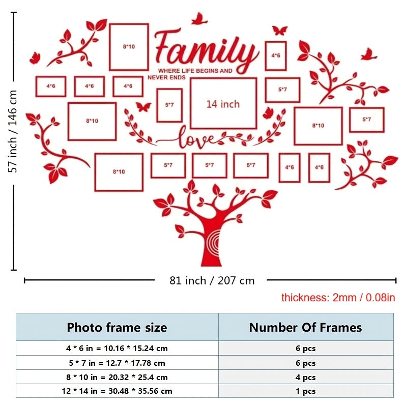 Family Tree Wall Sticker 3D Acrylic Photo Frame Collage ¨C Removable Leaf-Shaped Picture Display with ¡±Family¡± & ¡±Love¡± Text, Peel & Stick Living Room Wall Decor, 81.5 x 57.48 Inches