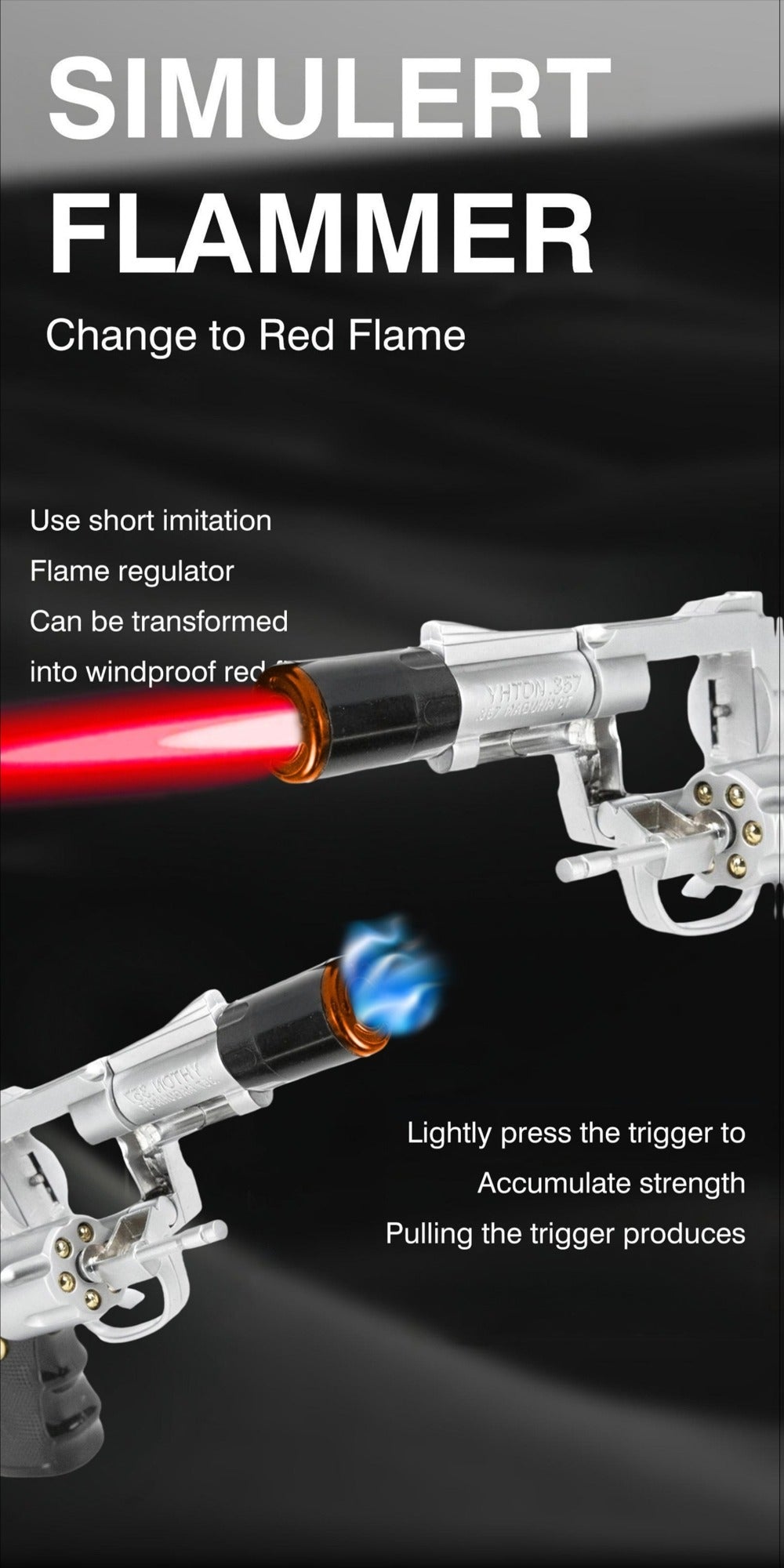 Windproof Butane Lighter with Adjustable Flame | Pistol Revolver & Wheel Design for Camping Outdoor Cooking Grilling BBQ Charcoal Lighting