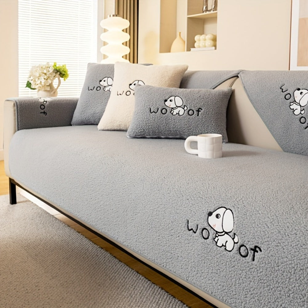 Sherpa Plush Sofa Cover Non-Slip | Thick Fleece Couch Protector, Pet Friendly Furniture Shield, 1 to 4 Seat, Armrest Backrest Pillowcase, Deep Gray Light Gray Coffee Off White