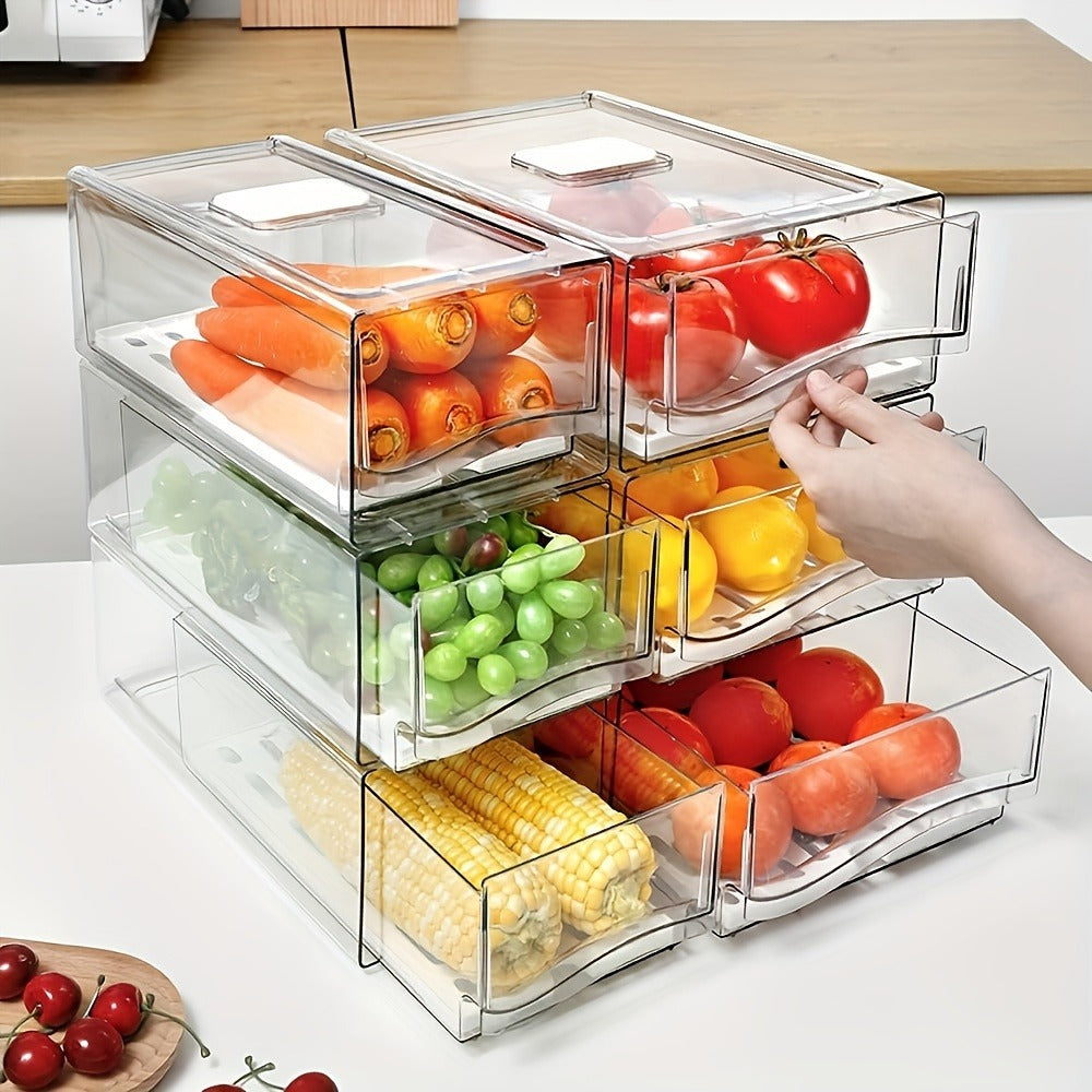 Stackable Fridge Organizer Bins with Drawer, BPA-Free Refrigerator Storage Containers with Drain Board & Ventilation, Clear Food Storage Bins for Kitchen Pantry Freezer, Set of 2